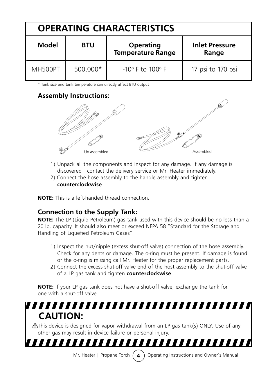 Operating characteristics, Caution | Mr. Heater #MH500PT User Manual | Page 4 / 8