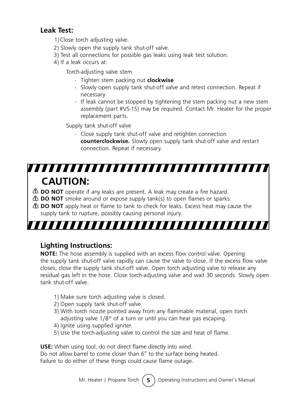 Caution, Leak test, Lighting instructions | Mr. Heater #MH500PT User Manual | Page 5 / 8