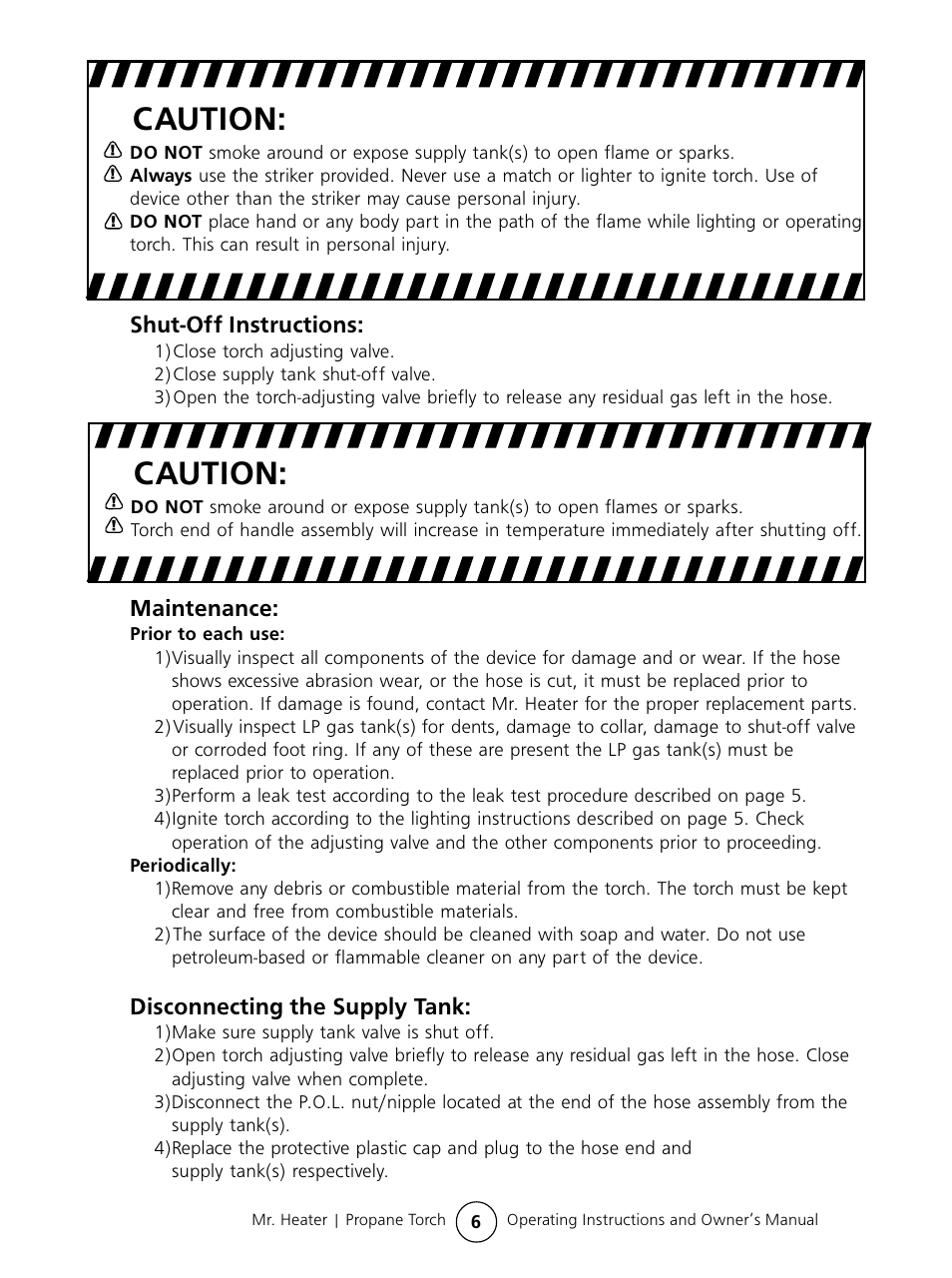 Caution, Shut-of f instructions, Maintenance | Disconnecting the supply tank | Mr. Heater #MH500PT User Manual | Page 6 / 8
