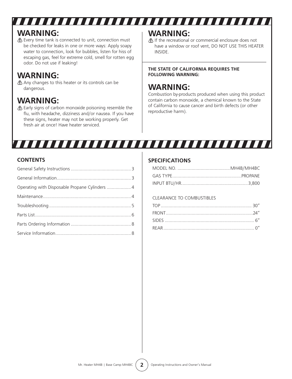 Warning | Mr. Heater H4B User Manual | Page 2 / 8