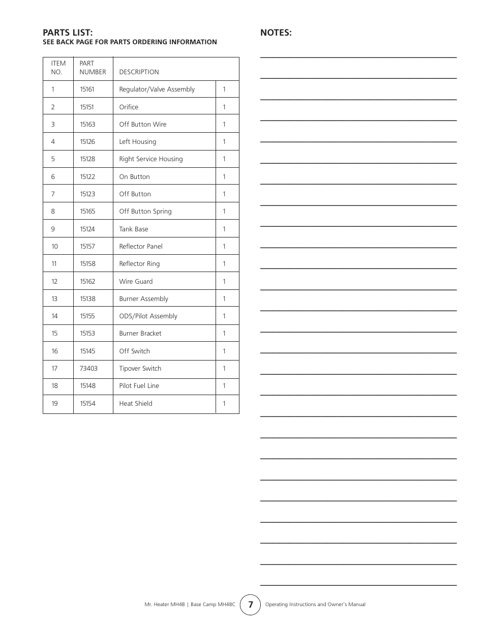 Parts list | Mr. Heater H4B User Manual | Page 7 / 8