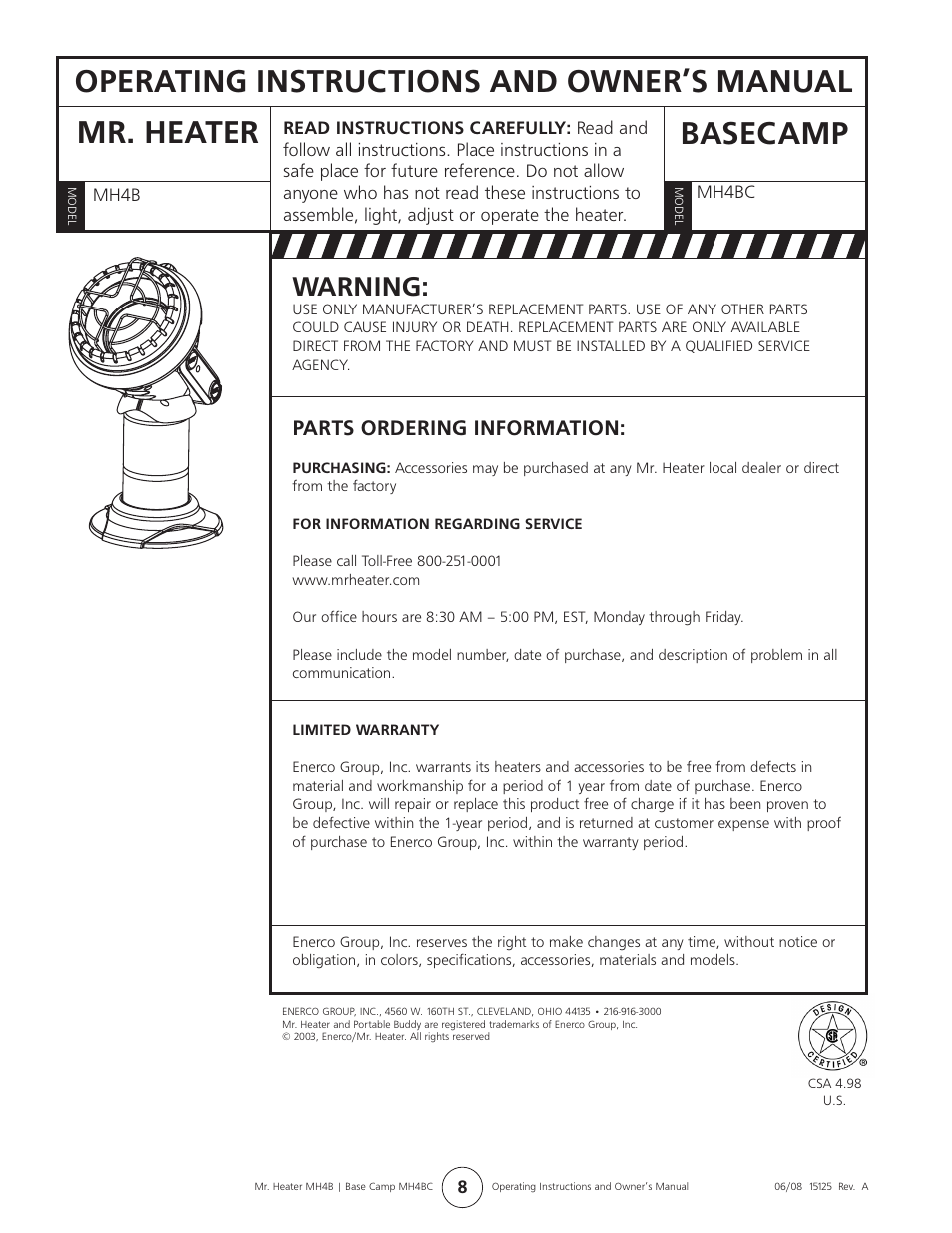 Warning, Parts ordering information | Mr. Heater H4B User Manual | Page 8 / 8