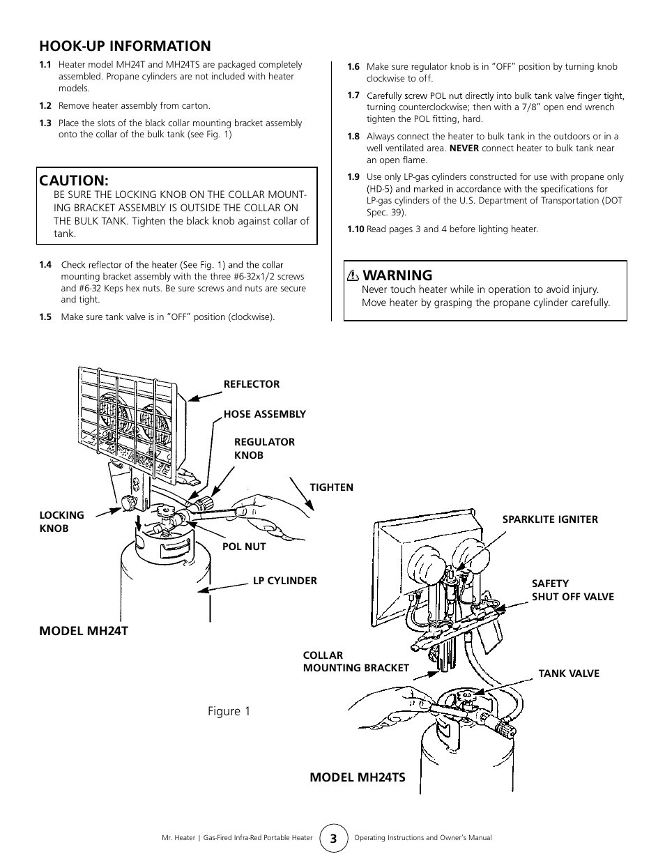 Hook-up information, Caution, Warning | Mr. Heater MH24T User Manual | Page 3 / 8