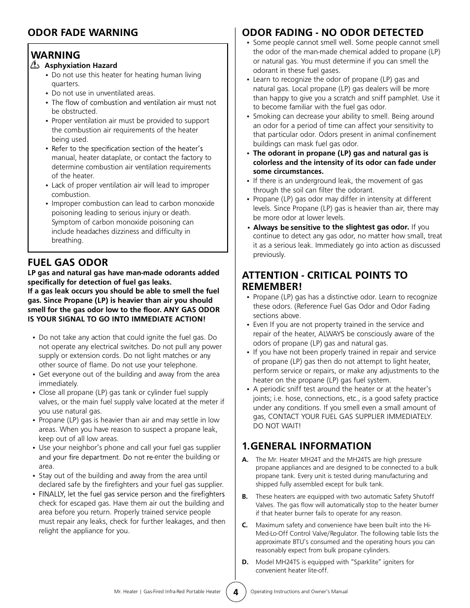 Odor fade warning warning, General information, Fuel gas odor | Odor fading - no odor detected, Attention - critical points to remember | Mr. Heater MH24T User Manual | Page 4 / 8