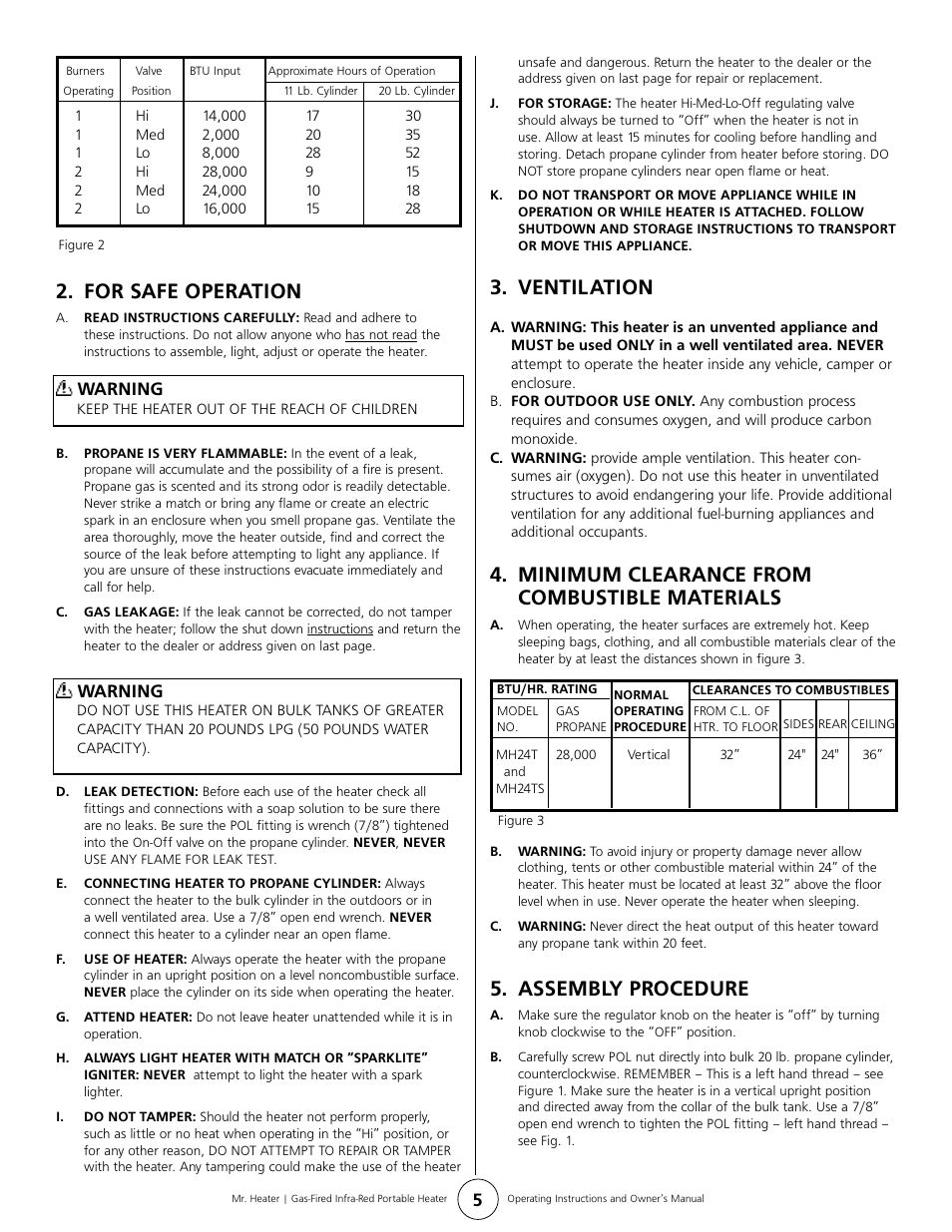 For safe operation, Ventilation, Minimum clearance from combustible materials | Assembly procedure | Mr. Heater MH24T User Manual | Page 5 / 8