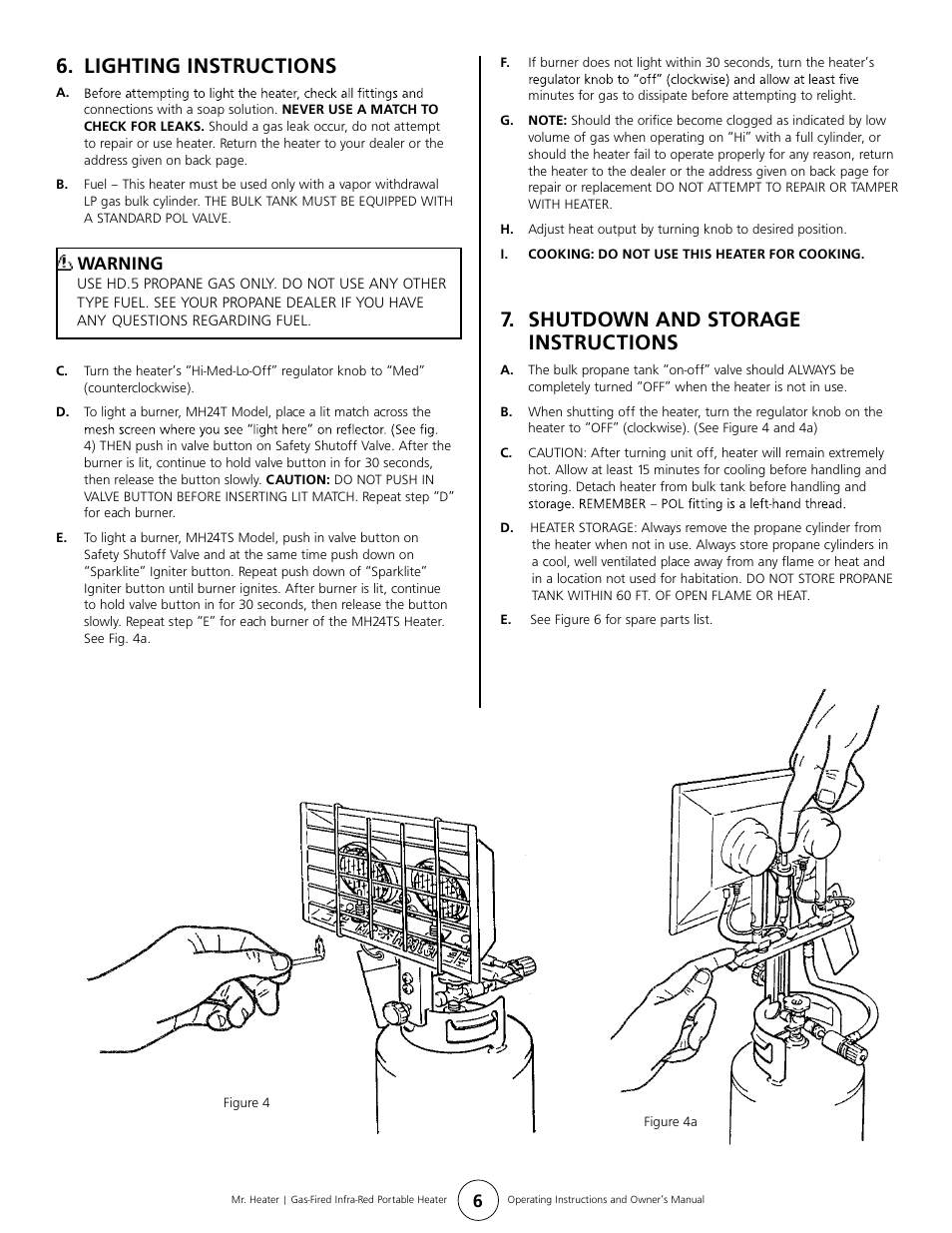 Lighting instructions, Shutdown and storage instructions | Mr. Heater MH24T User Manual | Page 6 / 8