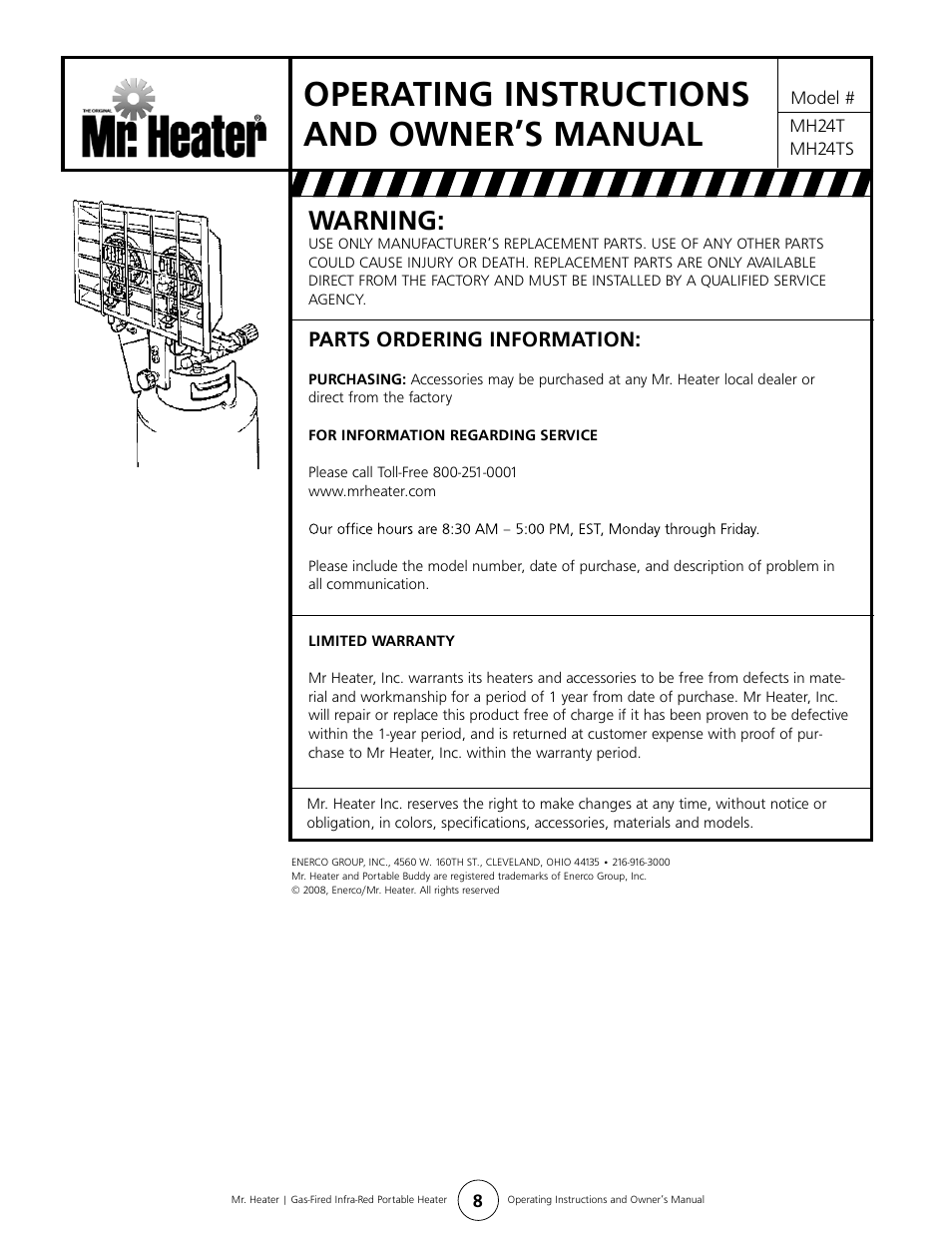 Operating instructions and owner’s manual, Warning, Parts ordering information | Mr. Heater MH24T User Manual | Page 8 / 8