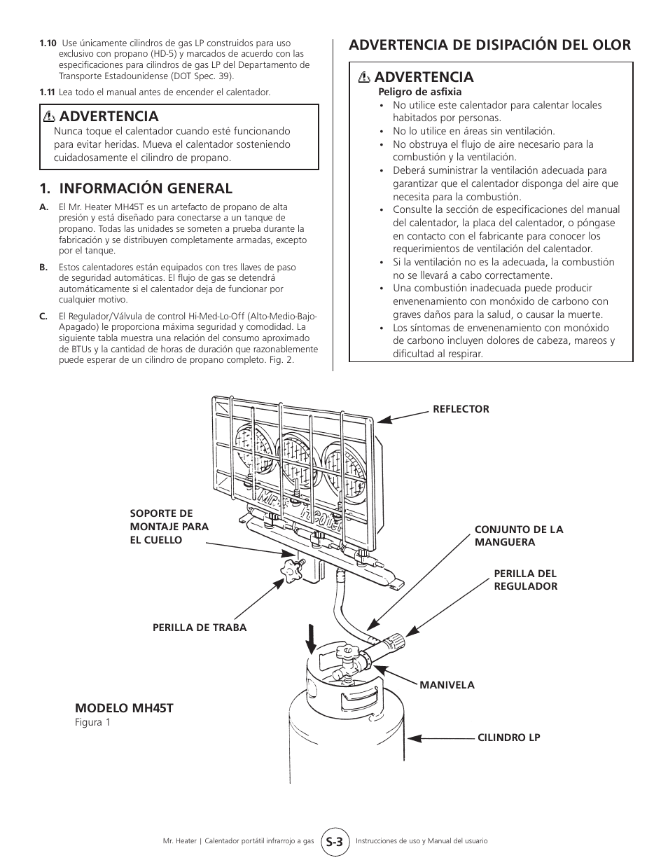 Advertencia, Información general, Advertencia de disipación del olor advertencia | Mr. Heater Gas-Fired Infra-Red Portable Heater MH45T User Manual | Page 11 / 16