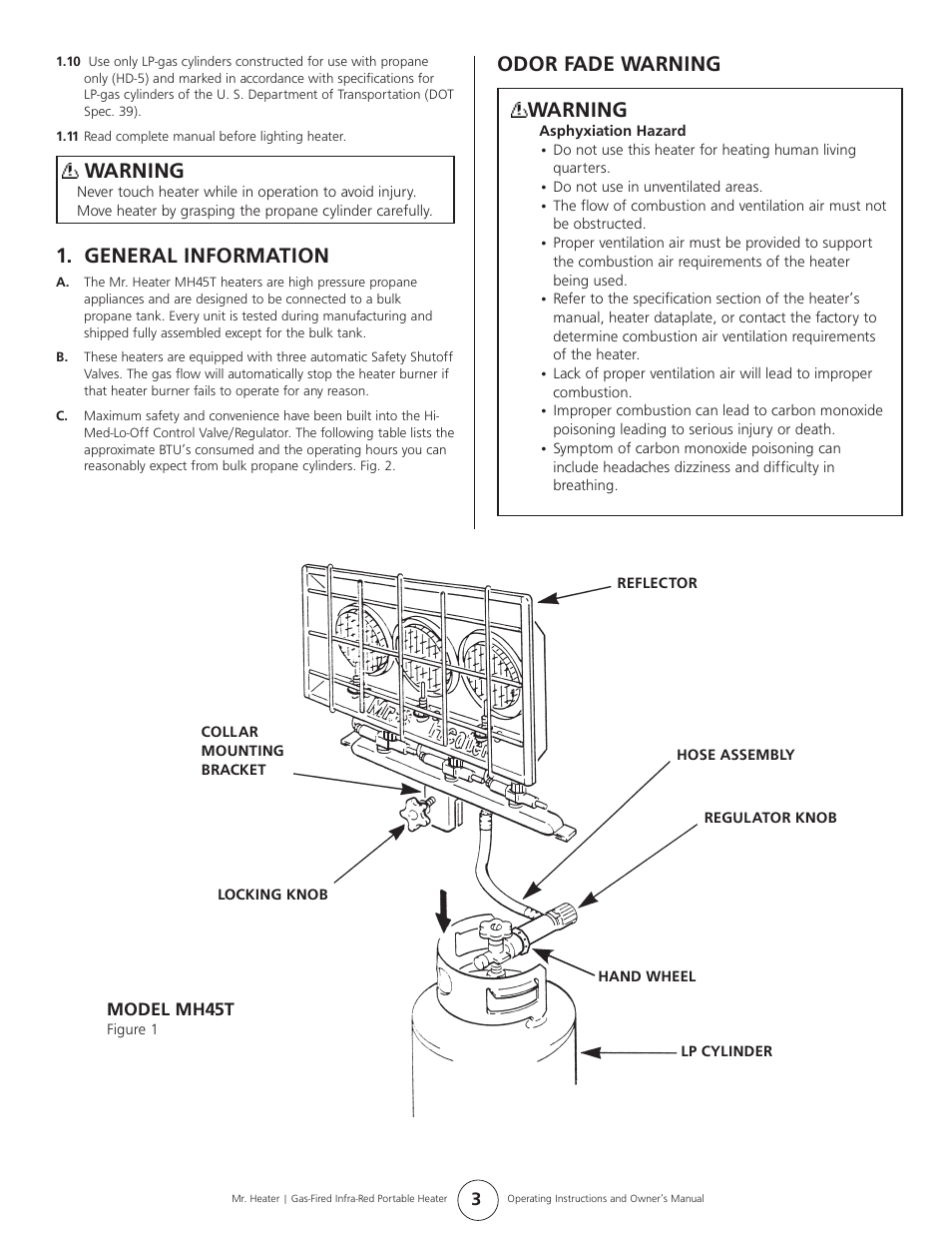 Warning, General information, Odor fade warning warning | Mr. Heater Gas-Fired Infra-Red Portable Heater MH45T User Manual | Page 3 / 16