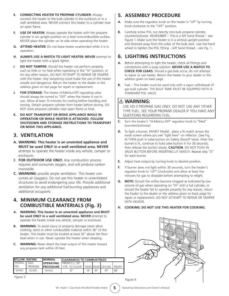 Ventilation, Assembly procedure, Lighting instructions | Warning | Mr. Heater Gas-Fired Infra-Red Portable Heater MH45T User Manual | Page 5 / 16