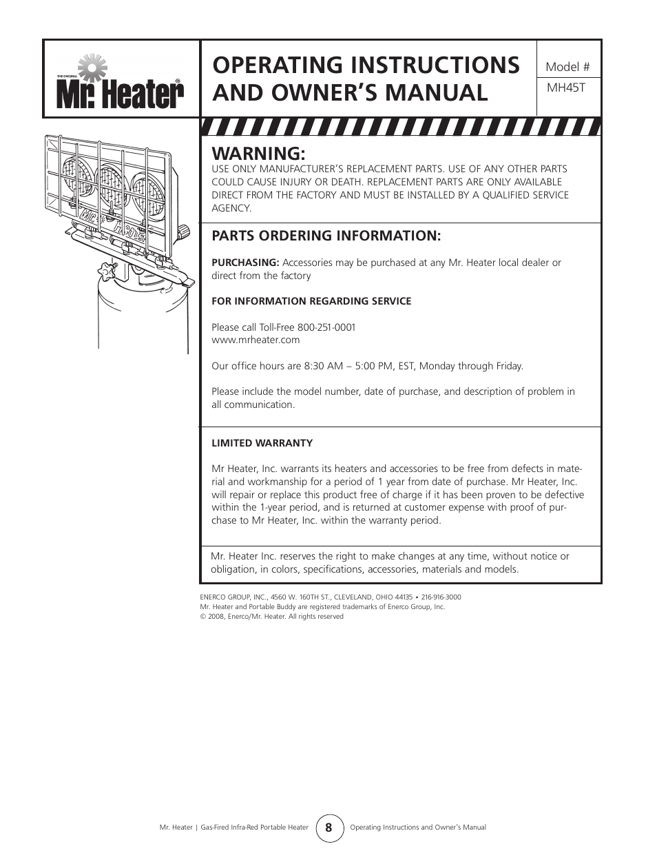 Operating instructions and owner’s manual, Warning, Parts ordering information | Mr. Heater Gas-Fired Infra-Red Portable Heater MH45T User Manual | Page 8 / 16