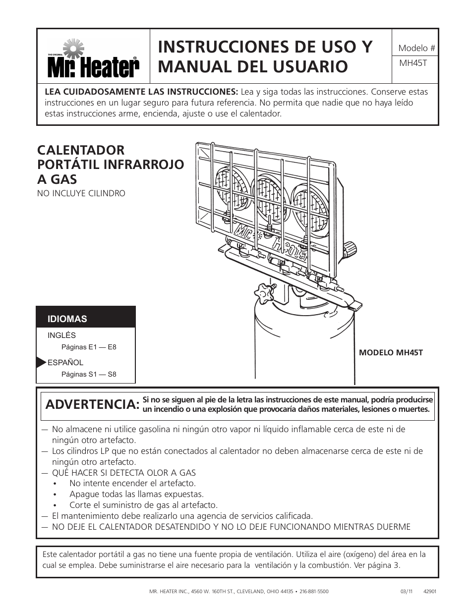 Instrucciones de uso y manual del usuario, Calentador portátil infrarrojo a gas, Advertencia | Mr. Heater Gas-Fired Infra-Red Portable Heater MH45T User Manual | Page 9 / 16