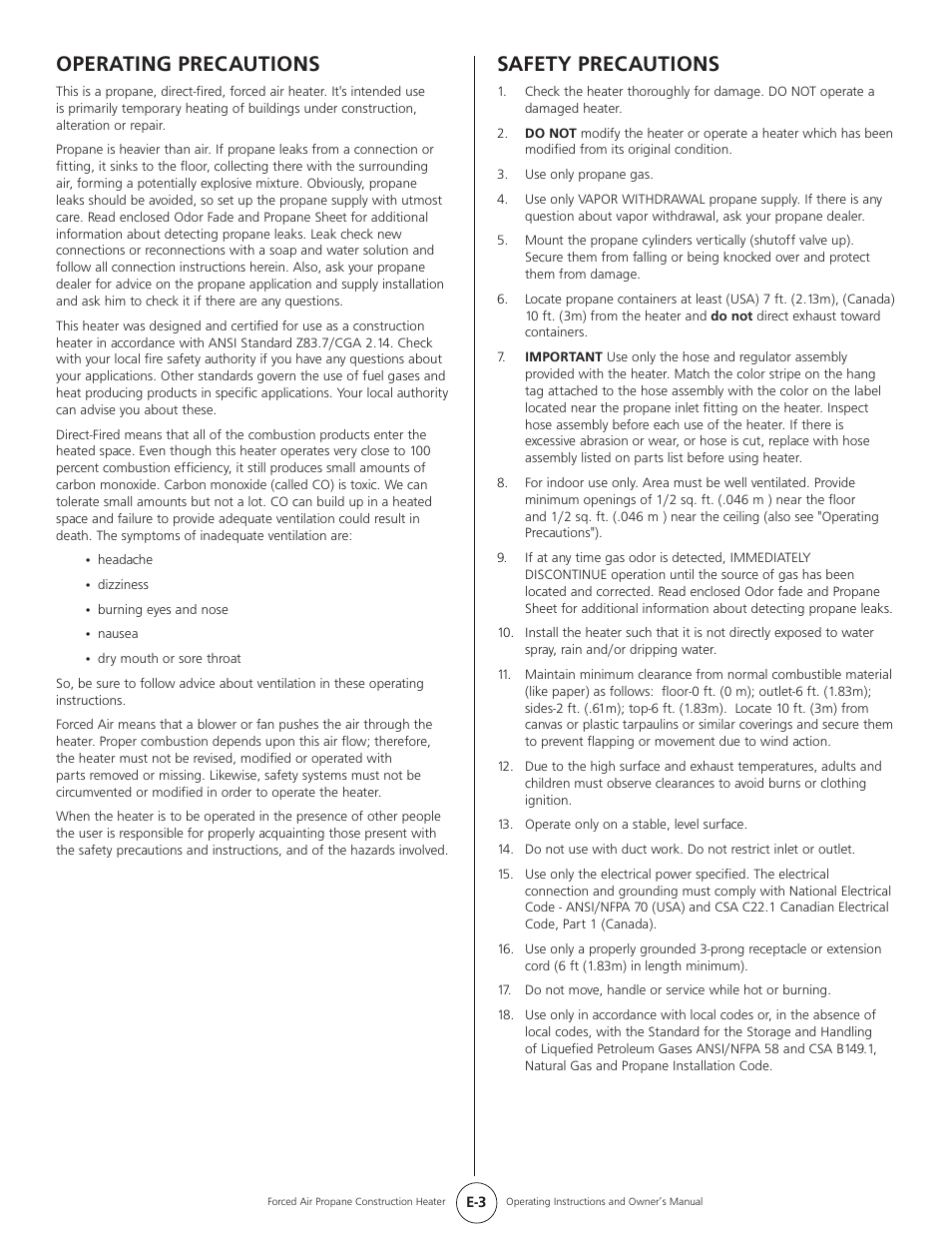 Operating precautions, Safety precautions | Mr. Heater HEATSTAR HS35CLP User Manual | Page 3 / 32