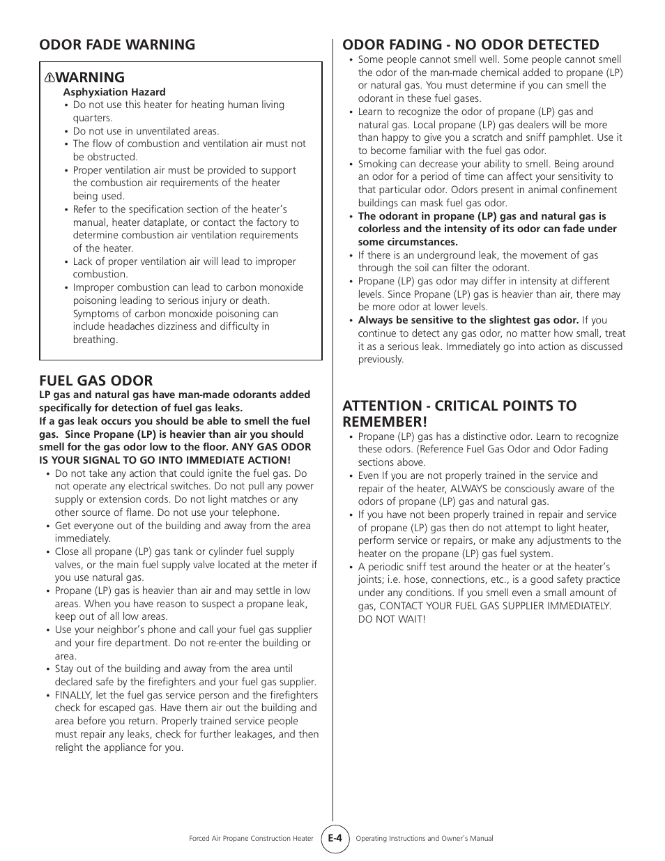 Odor fade warning warning, Fuel gas odor, Odor fading - no odor detected | Attention - critical points to remember | Mr. Heater HEATSTAR HS35CLP User Manual | Page 4 / 32
