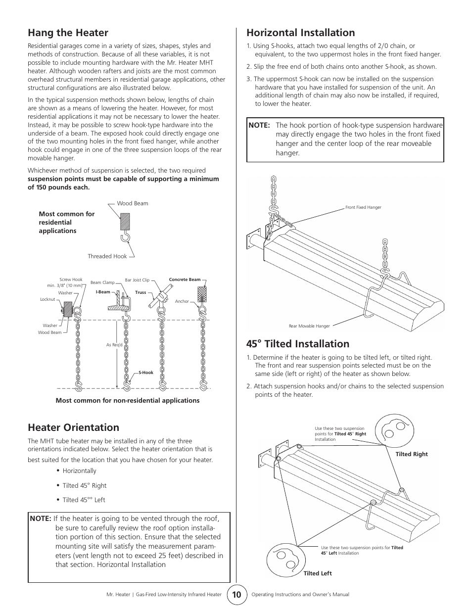 Hang the heater, Heater orientation, Horizontal installation | 45° tilted installation | Mr. Heater MHT 45 User Manual | Page 10 / 24