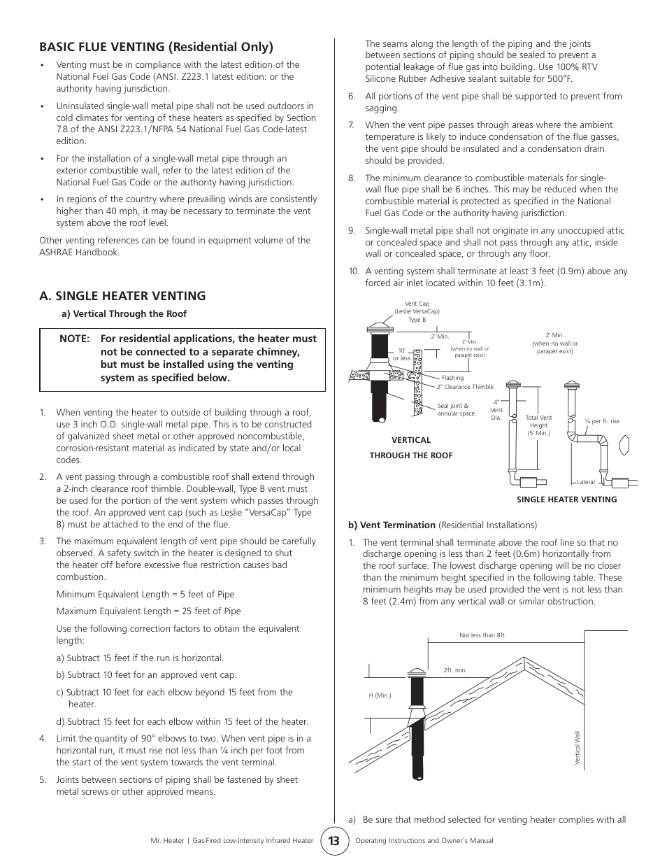 Basic flue venting (residential only), A. single heater venting | Mr. Heater MHT 45 User Manual | Page 13 / 24