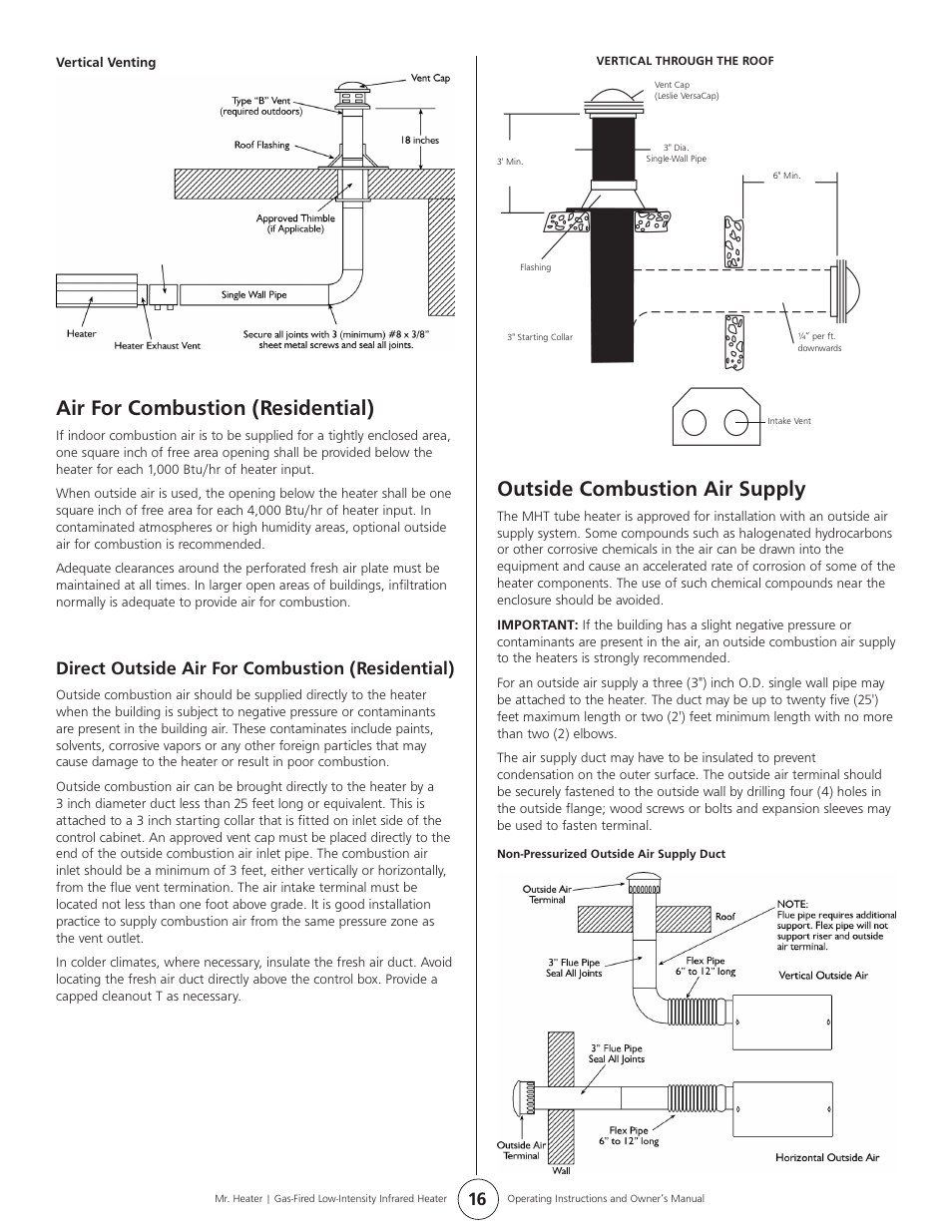 Outside combustion air supply, Air for combustion (residential), Direct outside air for combustion (residential) | Mr. Heater MHT 45 User Manual | Page 16 / 24