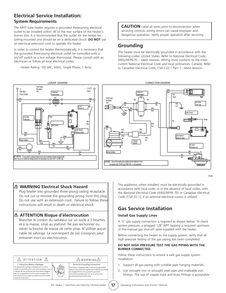 Electrical service installation, Gas service installation, Grounding | Mr. Heater MHT 45 User Manual | Page 17 / 24