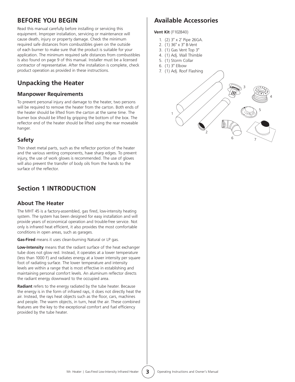 Before you begin, Unpacking the heater, Available accessories | Mr. Heater MHT 45 User Manual | Page 3 / 24