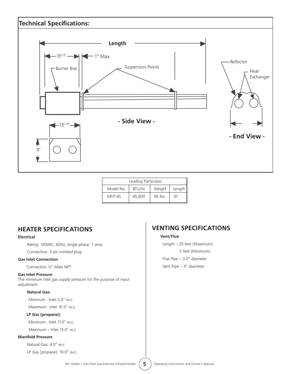 Technical specifications: - side view - - end view, Heater specifications, Venting specifications | Mr. Heater MHT 45 User Manual | Page 5 / 24