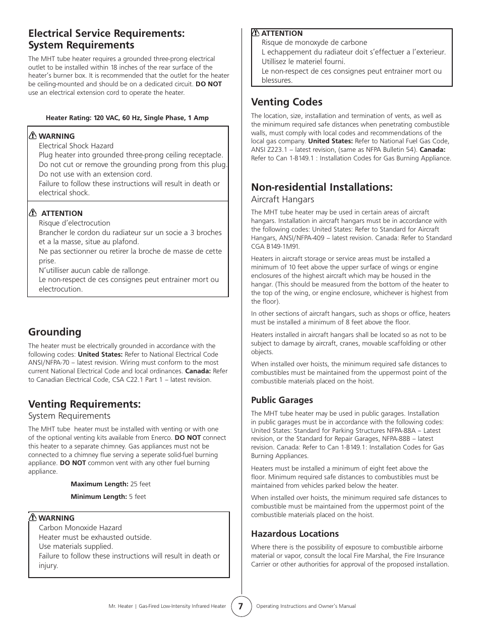 Venting codes, Non-residential installations, Grounding | Venting requirements | Mr. Heater MHT 45 User Manual | Page 7 / 24