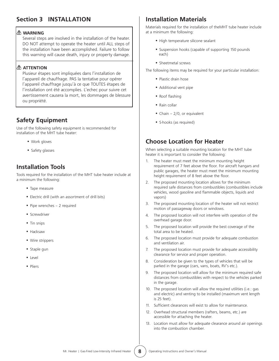 Safety equipment, Installation tools, Installation materials | Choose location for heater | Mr. Heater MHT 45 User Manual | Page 8 / 24