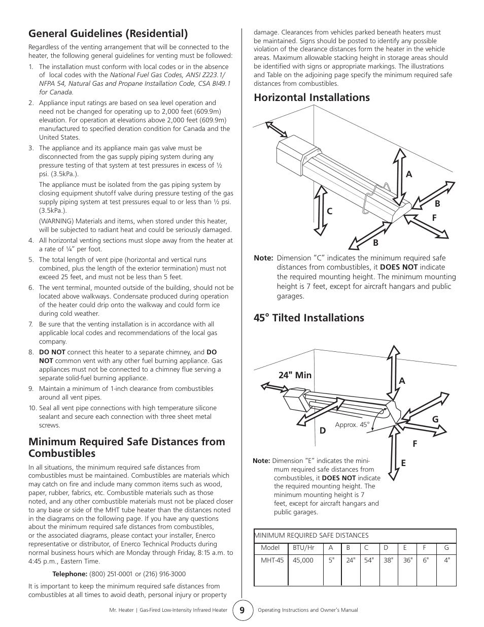 Horizontal installations, 45° tilted installations, General guidelines (residential) | Minimum required safe distances from combustibles | Mr. Heater MHT 45 User Manual | Page 9 / 24