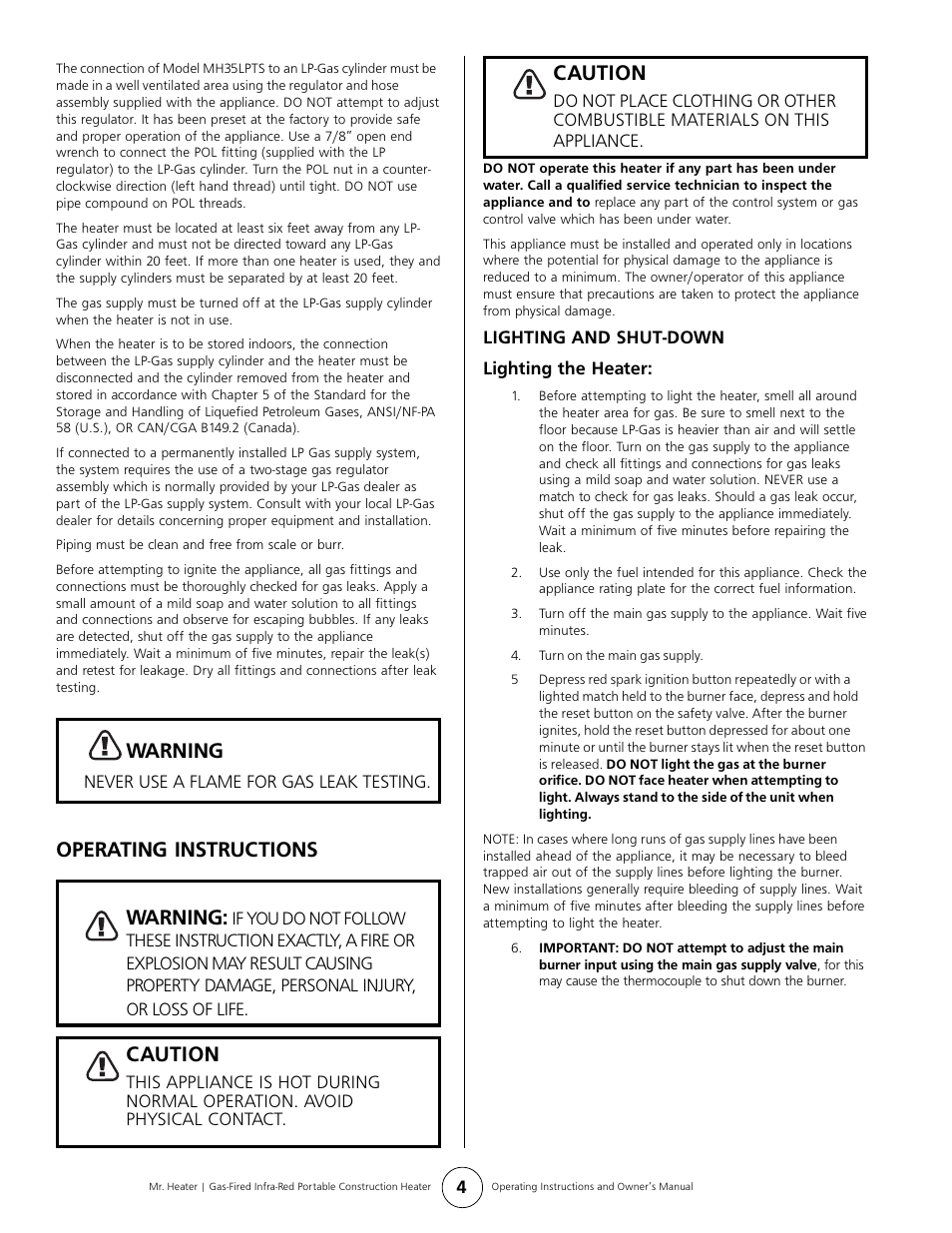 Warning, Operating instructions warning, Caution | Mr. Heater MH35LPTS User Manual | Page 4 / 8