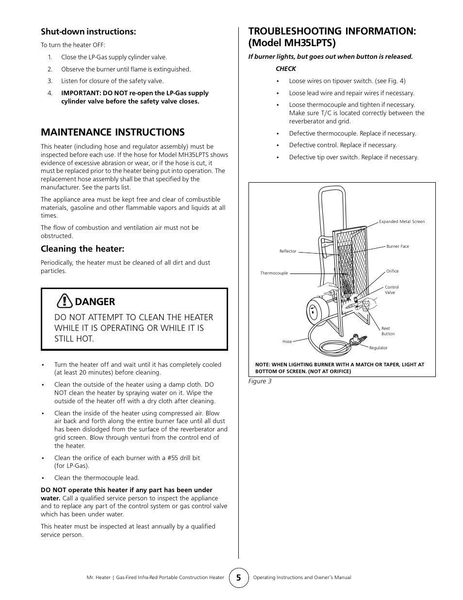 Maintenance instructions, Danger, Troubleshooting information: (model mh35lpts) | Shut-down instructions, Cleaning the heater | Mr. Heater MH35LPTS User Manual | Page 5 / 8