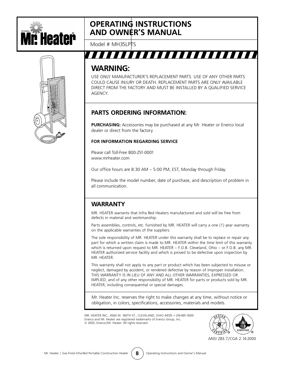 Warning, Operating instructions and owner’s manual, Parts ordering information | Warranty | Mr. Heater MH35LPTS User Manual | Page 8 / 8