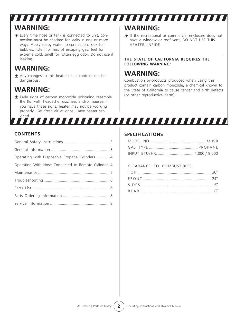 Warning | Mr. Heater MH9B User Manual | Page 2 / 8