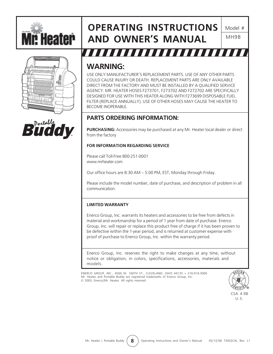 And owner’s manual, Operating instructions, Warning | Parts ordering information | Mr. Heater MH9B User Manual | Page 8 / 8