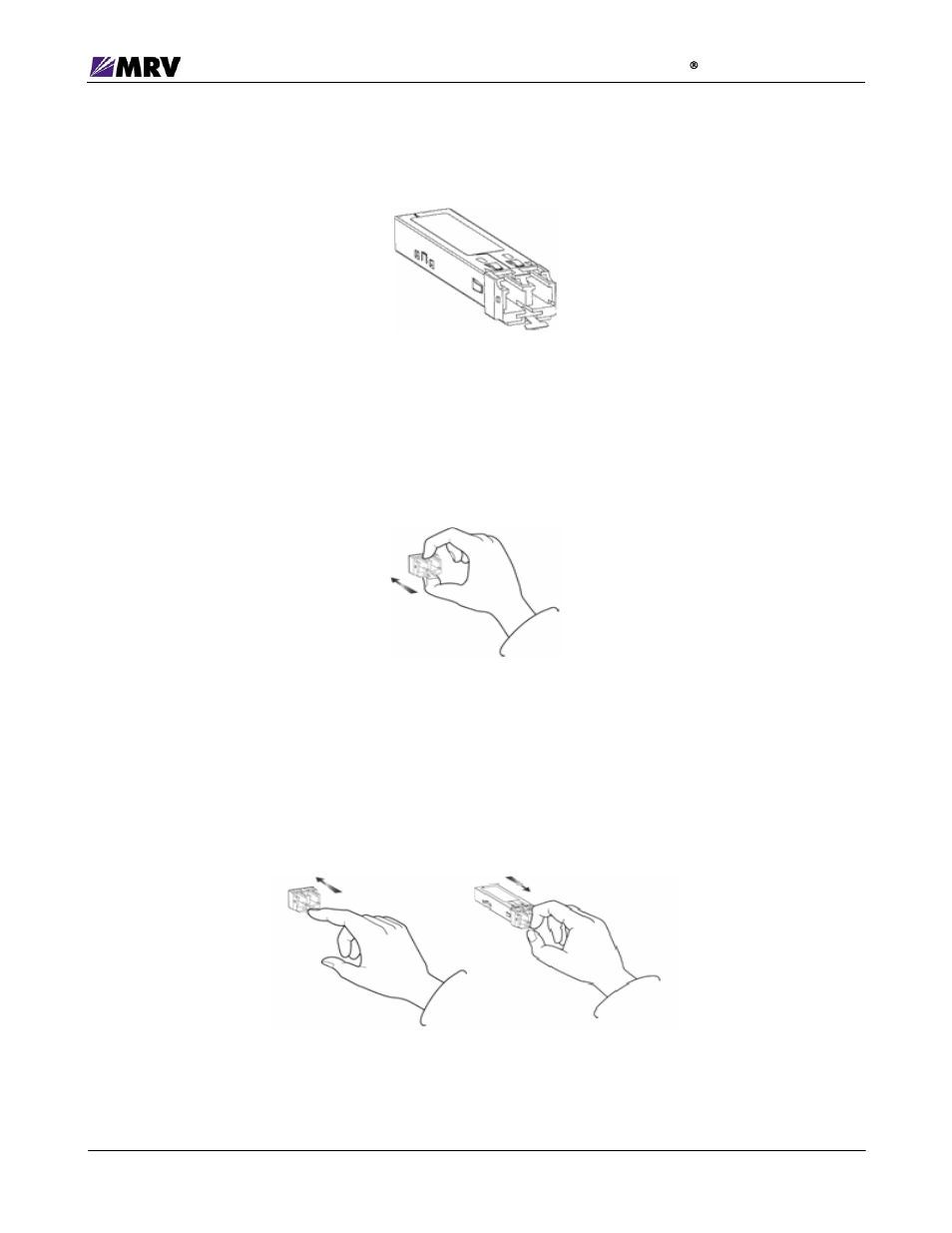 3 actuator/button sfp modules, 4 inserting an actuator/button sfp module, 1 removing an actuator/button sfp module | Figure 19 – actuator/button sfp module | MRV Communications EM316SW-XY User Manual | Page 29 / 76