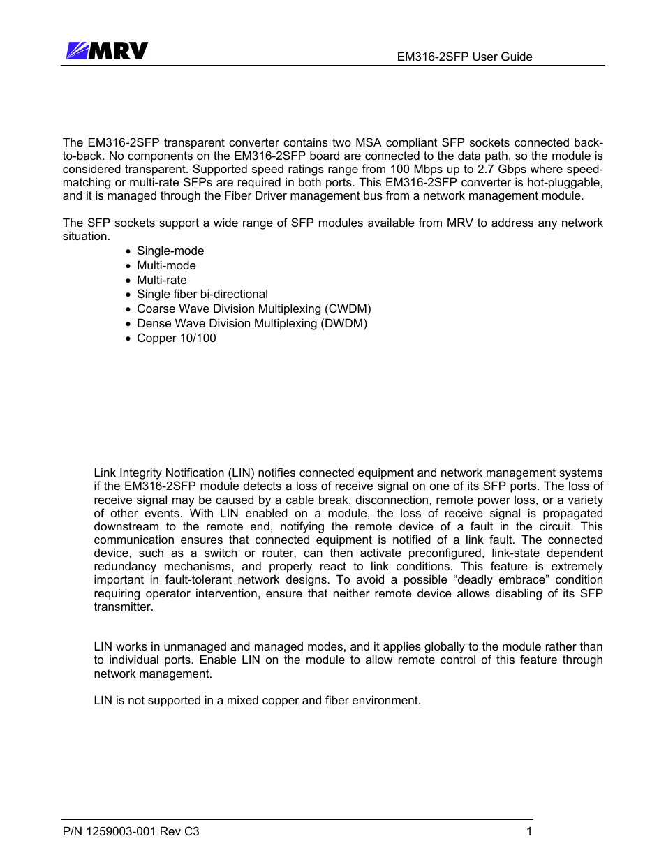 1 management features, 1 lin, 2 product overview | MRV Communications EM316-2SFP User Manual | Page 10 / 56