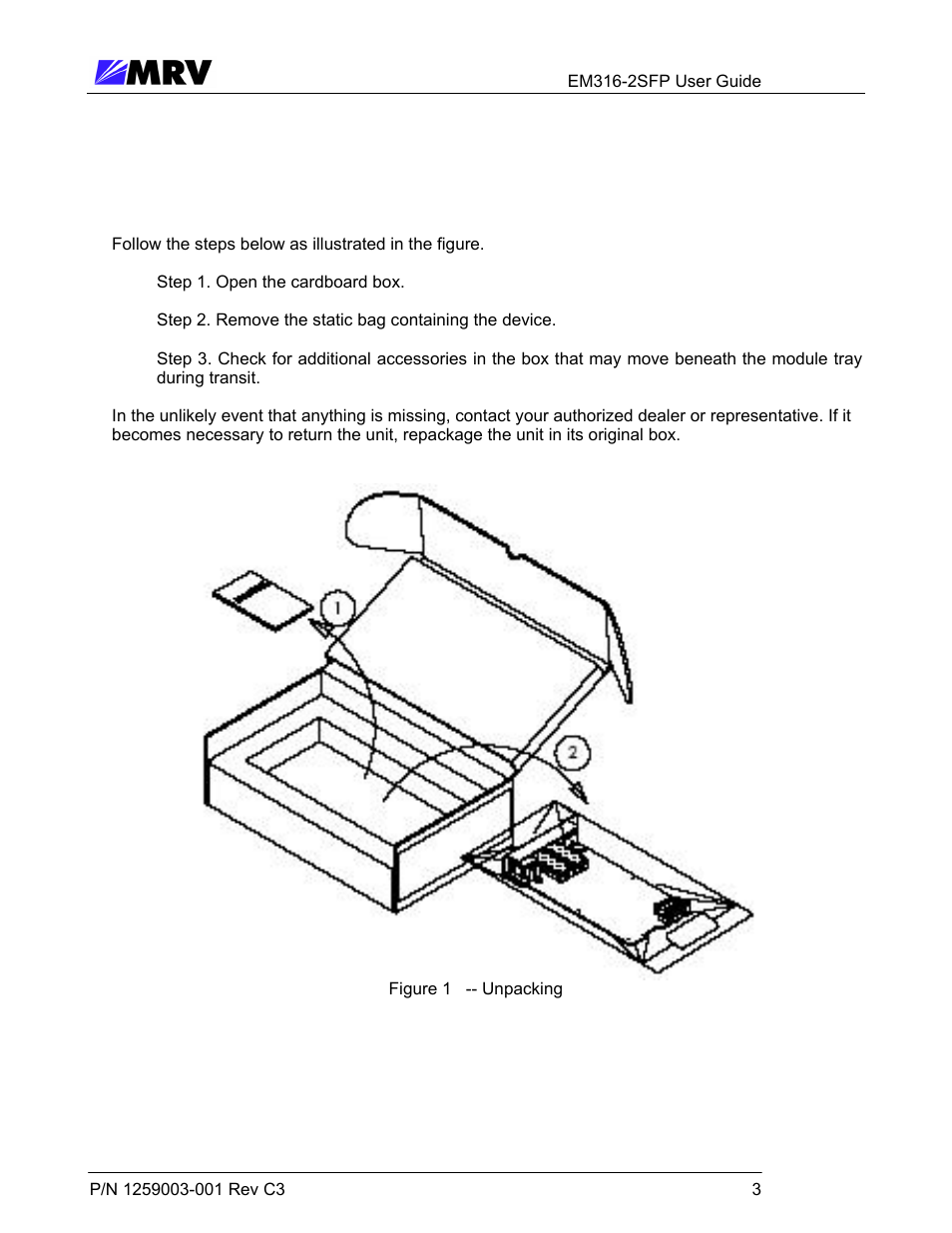 1 unpacking the fiber driver module, 3 preparation and installation, Figure 1 -- unpacking | MRV Communications EM316-2SFP User Manual | Page 12 / 56