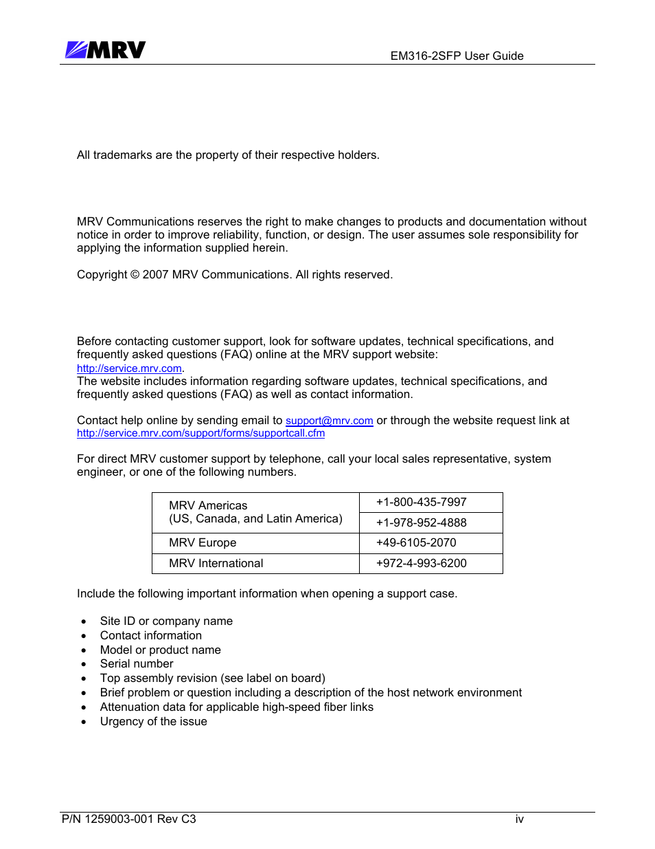 1 trademarks, 2 copyright, 3 customer support | 1 preliminary considerations | MRV Communications EM316-2SFP User Manual | Page 5 / 56