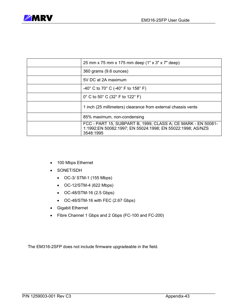 1 technical specifications, 2 supported data rates, 3 firmware download | 5 appendix | MRV Communications EM316-2SFP User Manual | Page 52 / 56