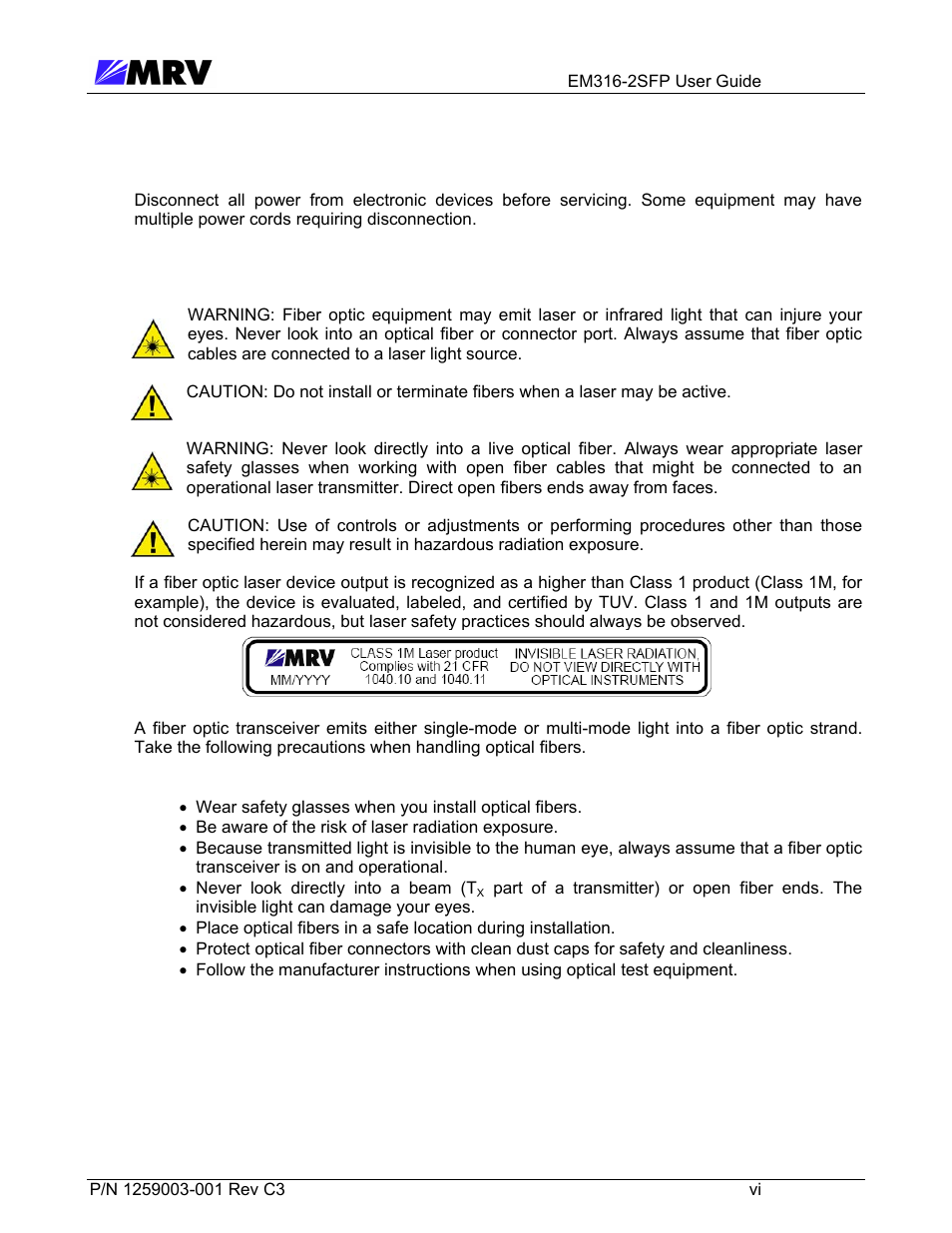 5 general safety, 1 cautions and warnings, 2 laser safety | MRV Communications EM316-2SFP User Manual | Page 7 / 56
