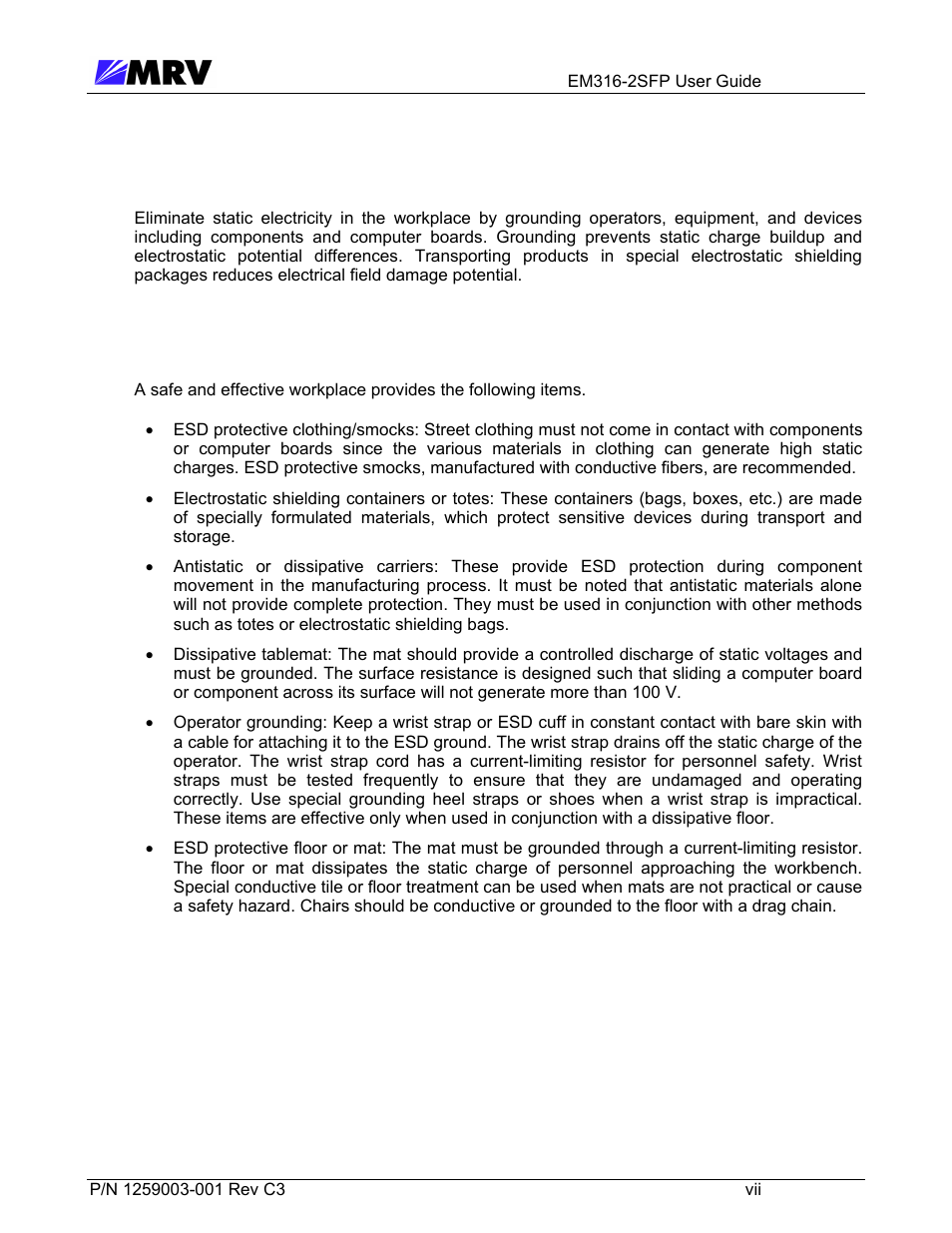 3 static electricity, 4 workplace preparation | MRV Communications EM316-2SFP User Manual | Page 8 / 56