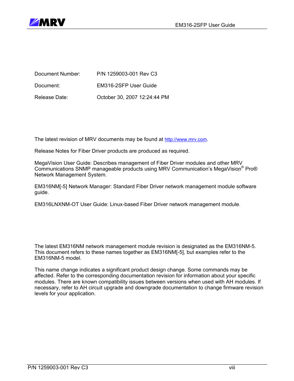 6 specific document information, 7 latest revision and related documents, 8 em316nm and em316nm-5 references | MRV Communications EM316-2SFP User Manual | Page 9 / 56