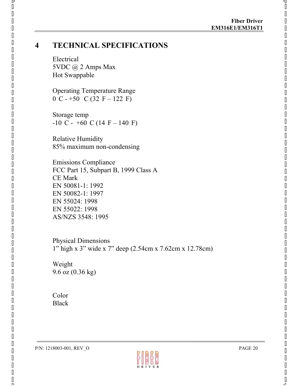 4 technical specifications | MRV Communications EM316E1 User Manual | Page 20 / 23