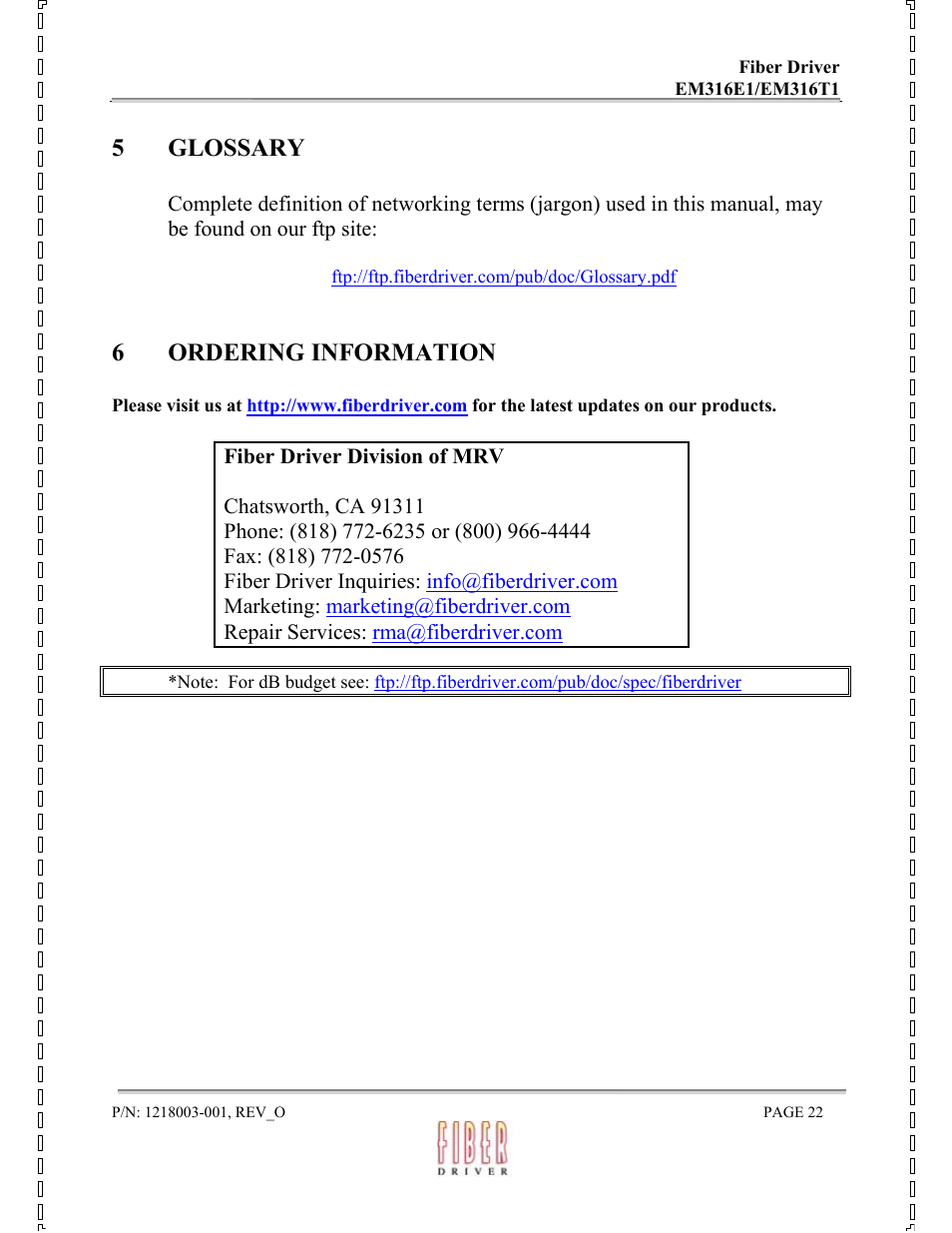 5 glossary, 6 ordering information | MRV Communications EM316E1 User Manual | Page 22 / 23