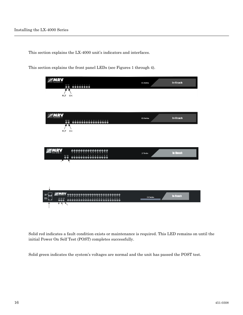 Lx-4000 indicators and interfaces, Front panel leds, Lx series 4008 front panel | Lx series 4016 front panel, Lx series 4032 front panel, Lx series 4048 front panel | MRV Communications LX-4000 Series User Manual | Page 16 / 65