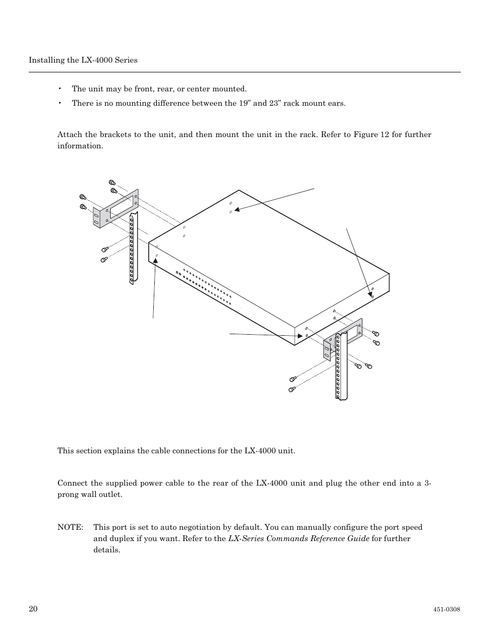 Mounting an lx-4000 series in rack, Mounting the unit into a 19-inch or 23-inch rack, Cable connections | MRV Communications LX-4000 Series User Manual | Page 20 / 65