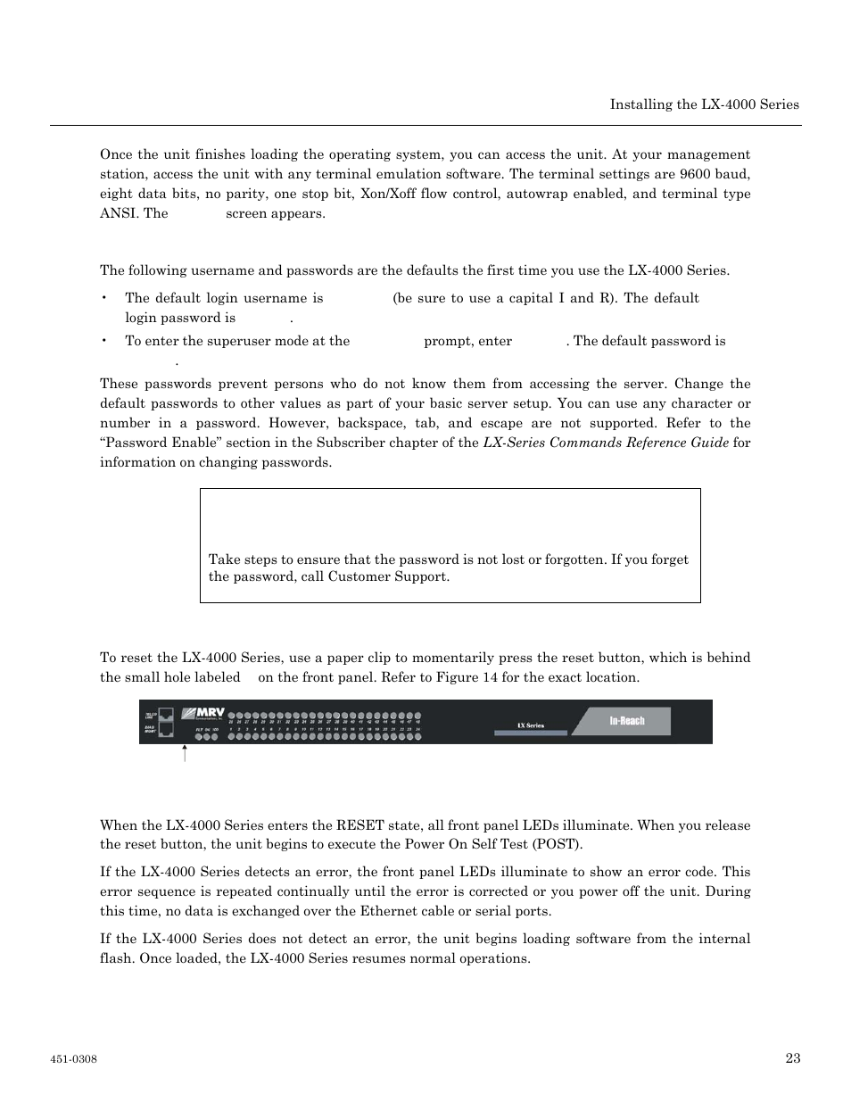System login and passwords resetting the unit, Lx series reset switch location, Important | System login and passwords, Resetting the unit | MRV Communications LX-4000 Series User Manual | Page 23 / 65