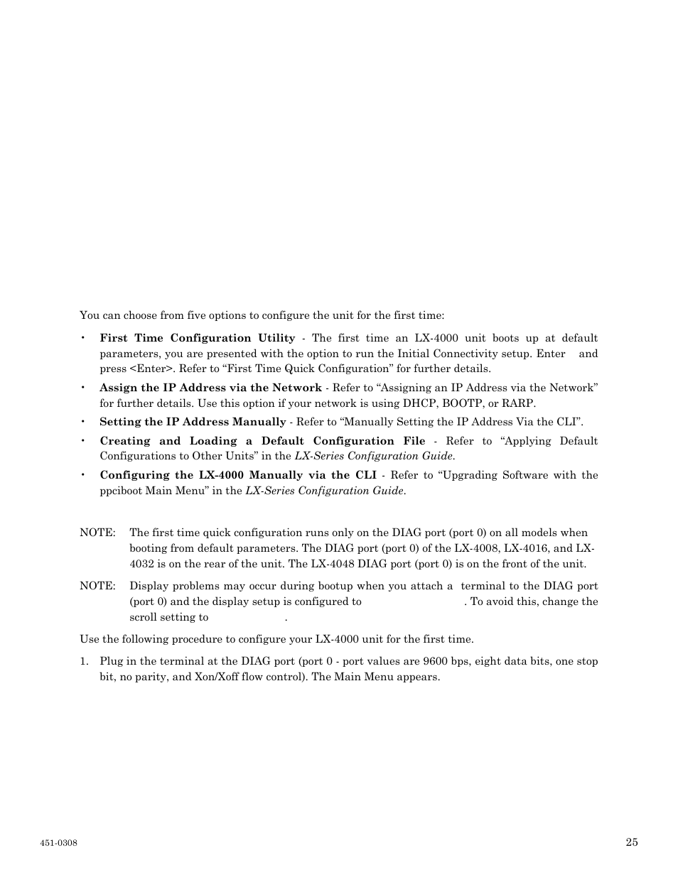 Configuring the lx-4000 series for the first time, Configuring the lx-4000 unit for the first time, First time quick configuration | MRV Communications LX-4000 Series User Manual | Page 25 / 65