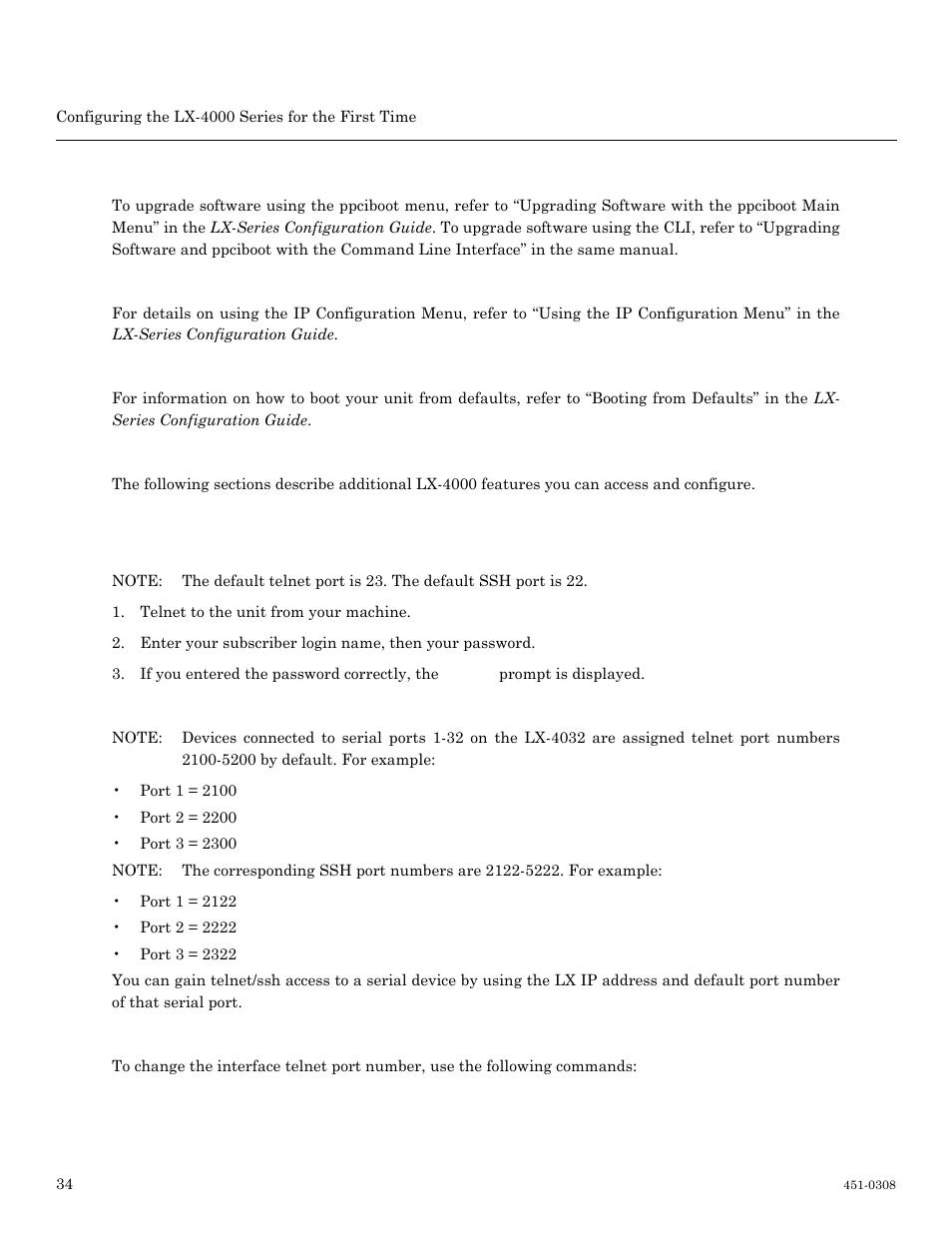 Connecting to the lx-4000 series via telnet or ssh, Software upgrades, Ip configuration menu | Booting from defaults, Accessing and configuring additional features | MRV Communications LX-4000 Series User Manual | Page 34 / 65