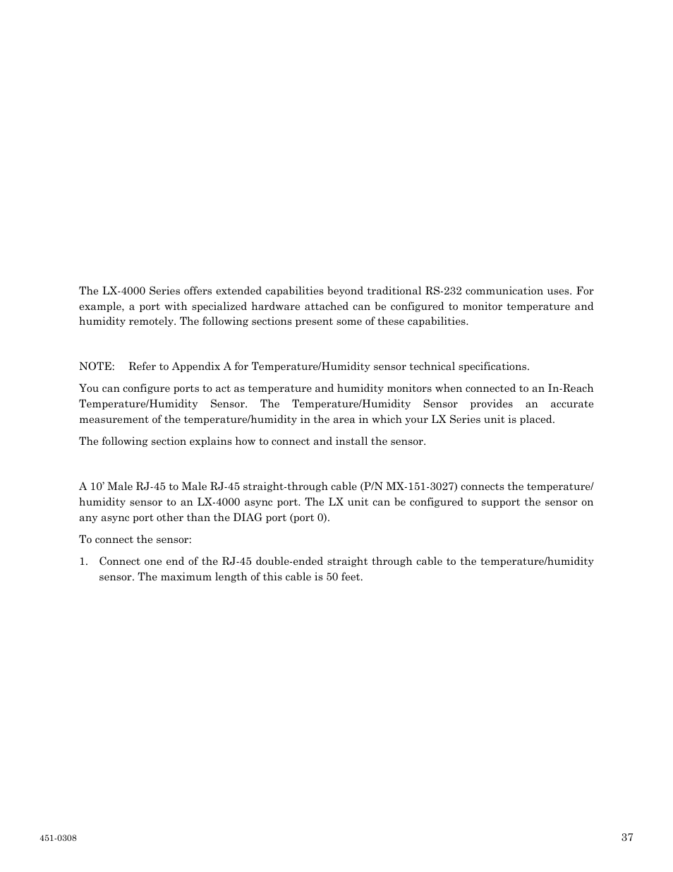 Alternative port capabilities, Sensor (temperature/humidity) ports, Connecting the temperature/humidity sensor | Chapter 4 alternative port capabilities | MRV Communications LX-4000 Series User Manual | Page 37 / 65