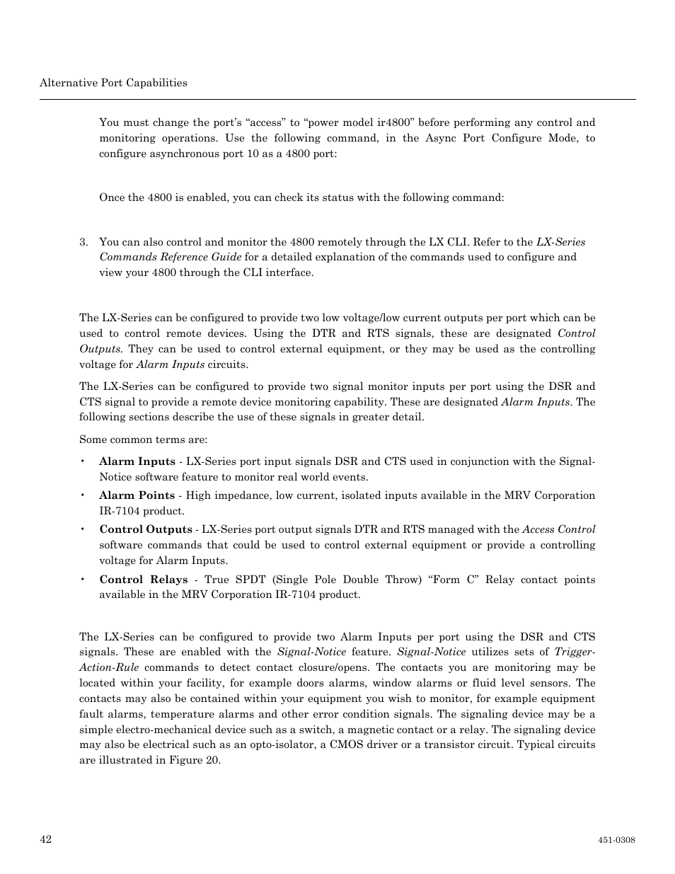 Using lx ports as alarm inputs and control outputs, Alarm inputs setup and usage | MRV Communications LX-4000 Series User Manual | Page 42 / 65