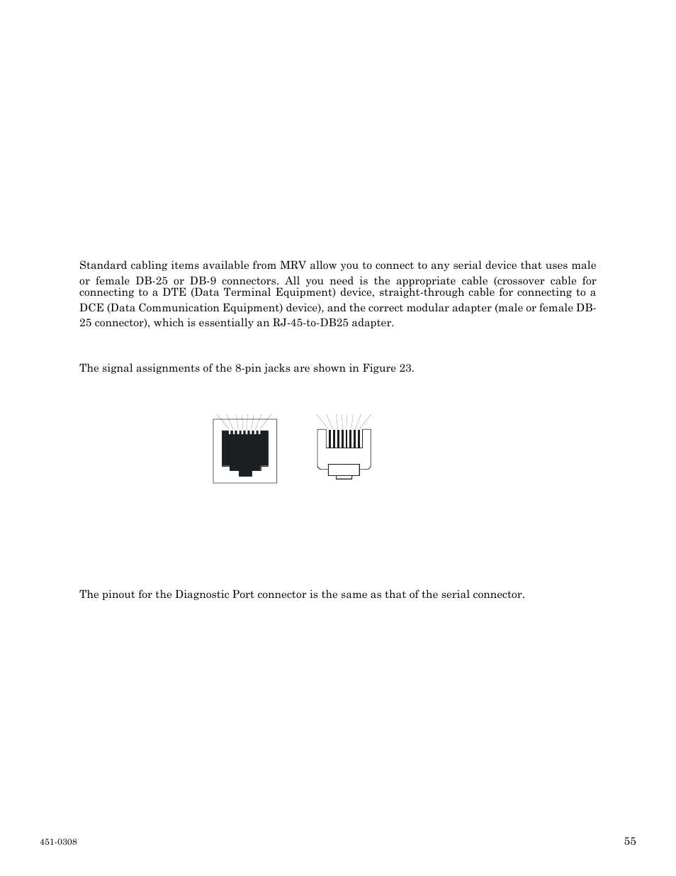 Appendix d - cabling the lx-4000 series, Cabling considerations, Serial device connector (rj-45) signal assignments | Serial device connectors, Diagnostic port connector (port 0) | MRV Communications LX-4000 Series User Manual | Page 55 / 65